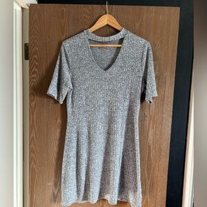 Gray Ribbed V-Neck Knit Dress